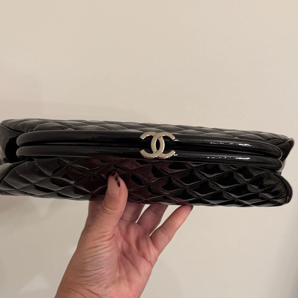 CHANEL Black Patent Quilted Clutch - Picture 2 of 12